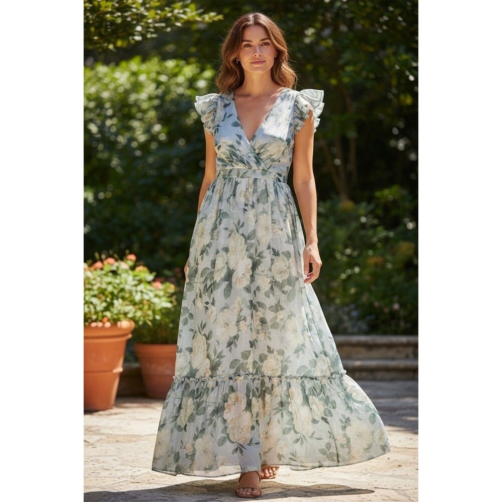 Lulu's Mint Green Floral Ruffle-Sleeve Maxi Dress